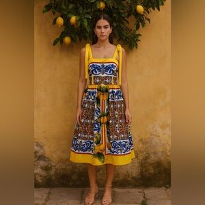 Vibrant Karolina Lemon Print Midi Dress Size L Sleeveless Tie Straps Summer